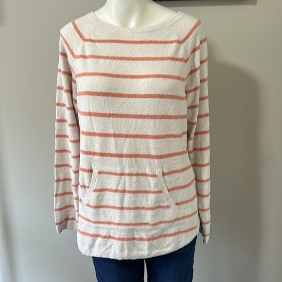 Barefoot Dreams Sweater Cozy Chic Ultra Light Ivory Orange Stripe Top Sz M - Picture 3 of 4